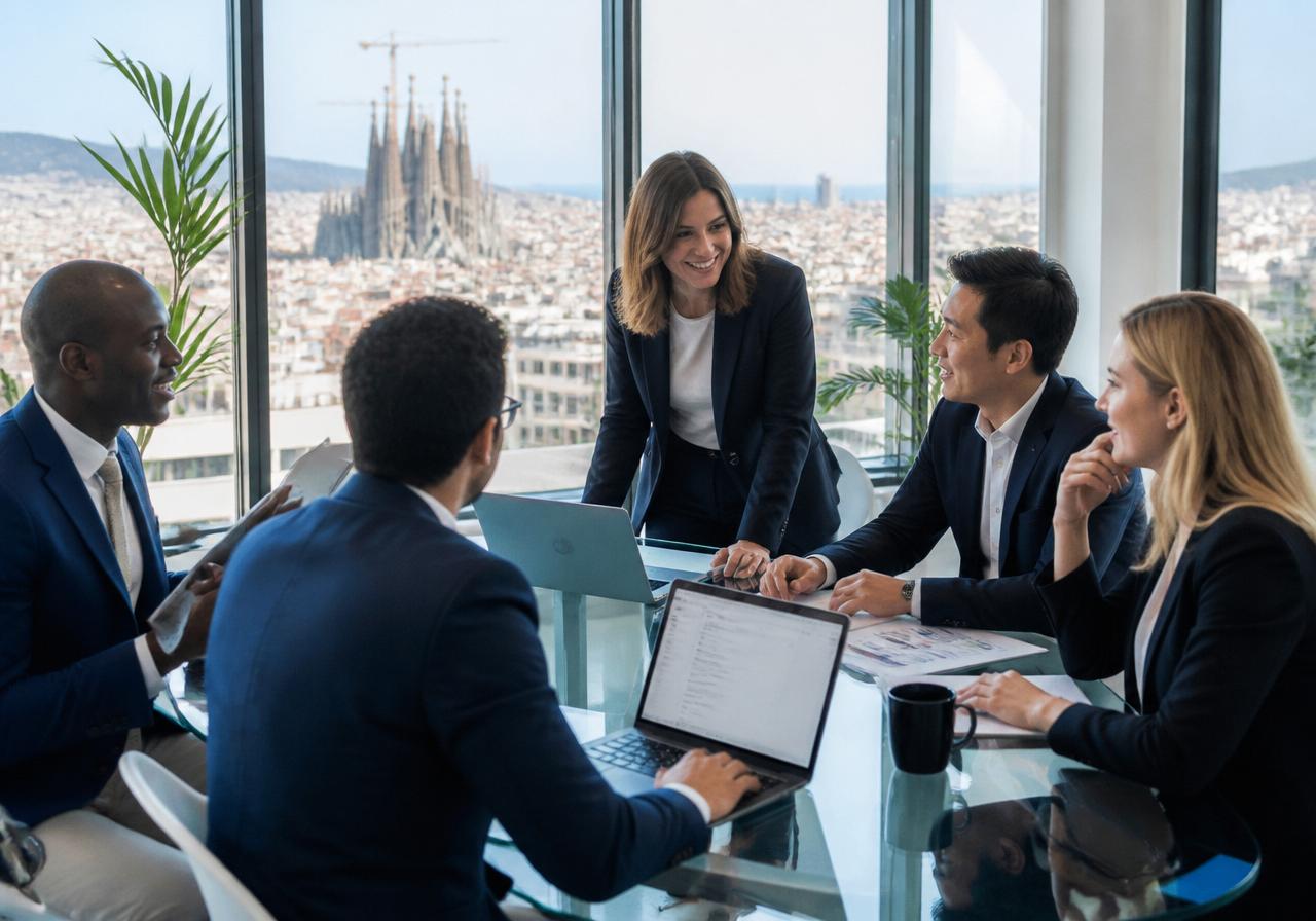 Equipo internacional trabajando en oficina de Barcelona con vista a la Sagrada Familia